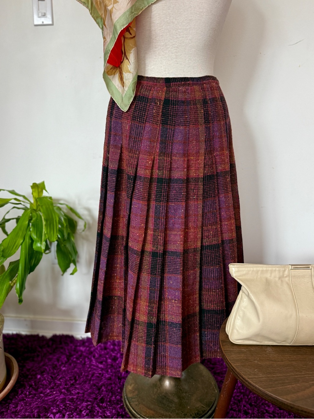 Vintage Wool Plaid Pleated Wrap Skirt